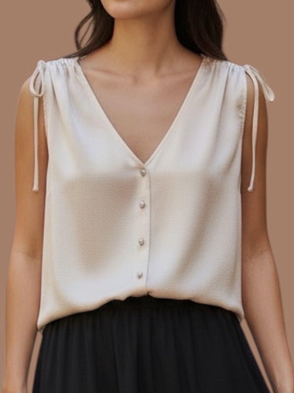 NEW ASTR Textured Soft Satin V-Neck Pearl Button Front Tie-Shoulder Top Size S